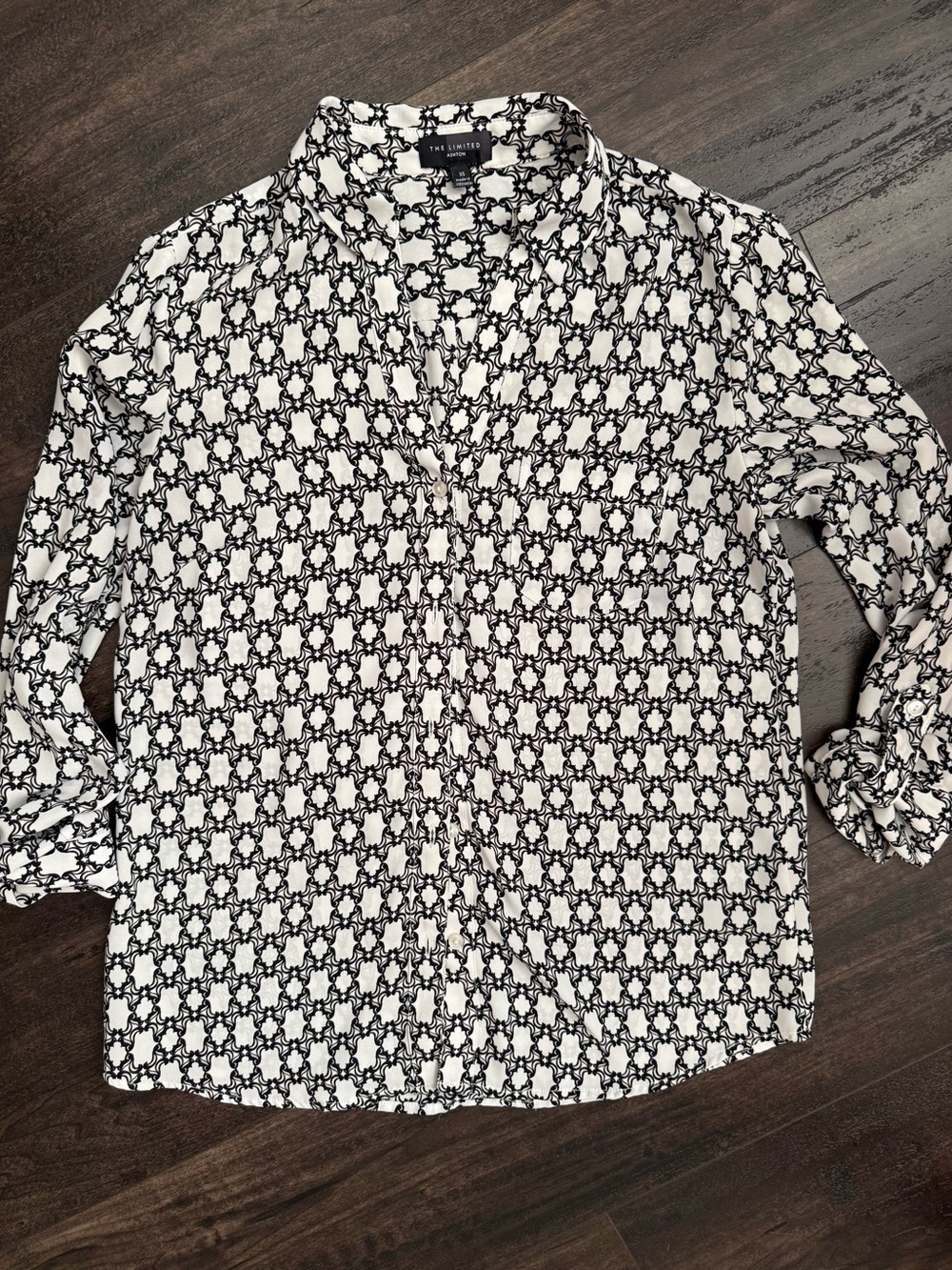 The Limited Ashton Geometric Print Blouse XS Black White V-Neck Career Top